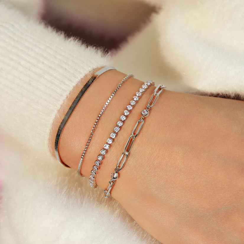 Sterling Silver Sparkling Paperclip Chain Station Bracelet