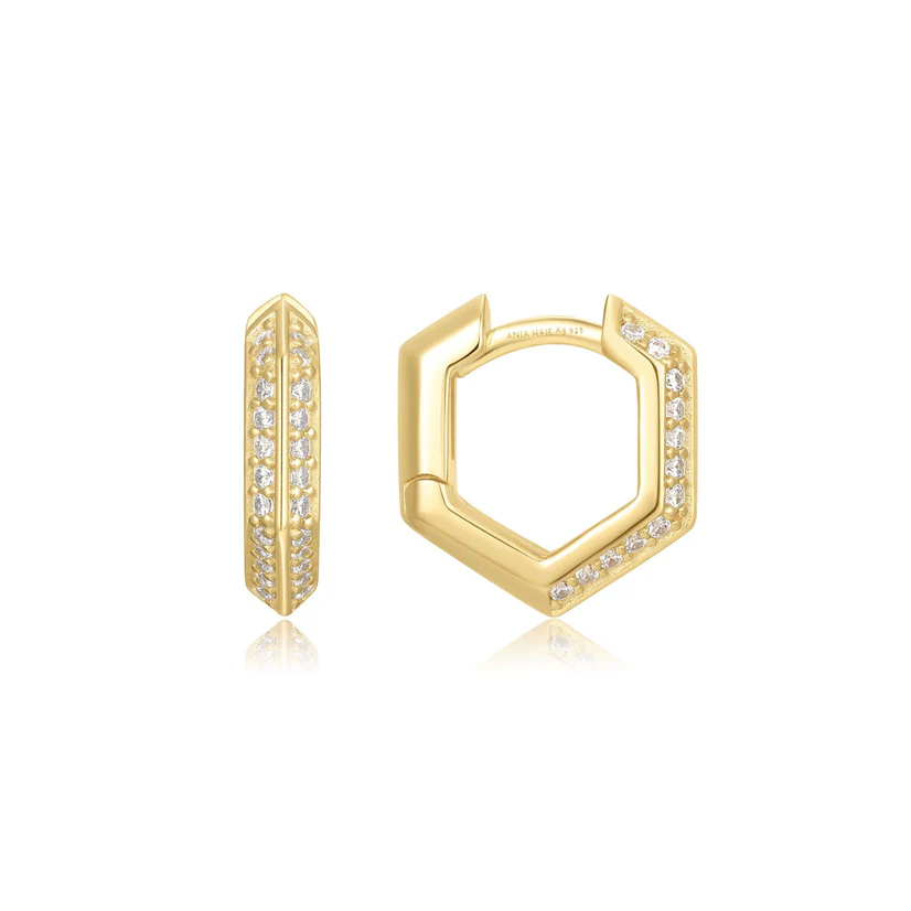 14K Yellow Gold Plated Cubic Zirconia Geometric Hoop Earrings by Ania Haie