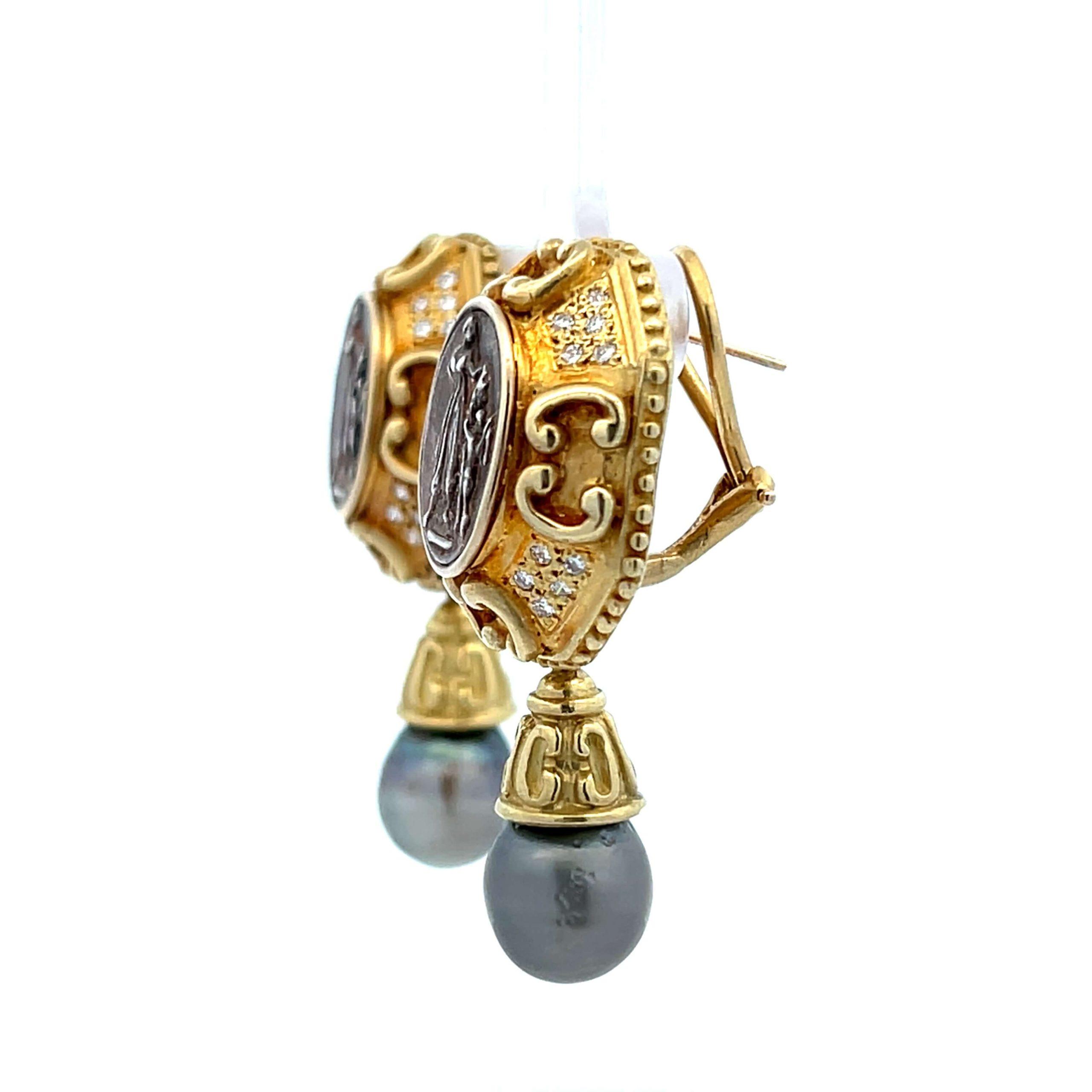 Estate 18K Yellow Gold Diamond & Cultured Pearl Roman Design Earrings – Removable Pearl Drops - Image 3