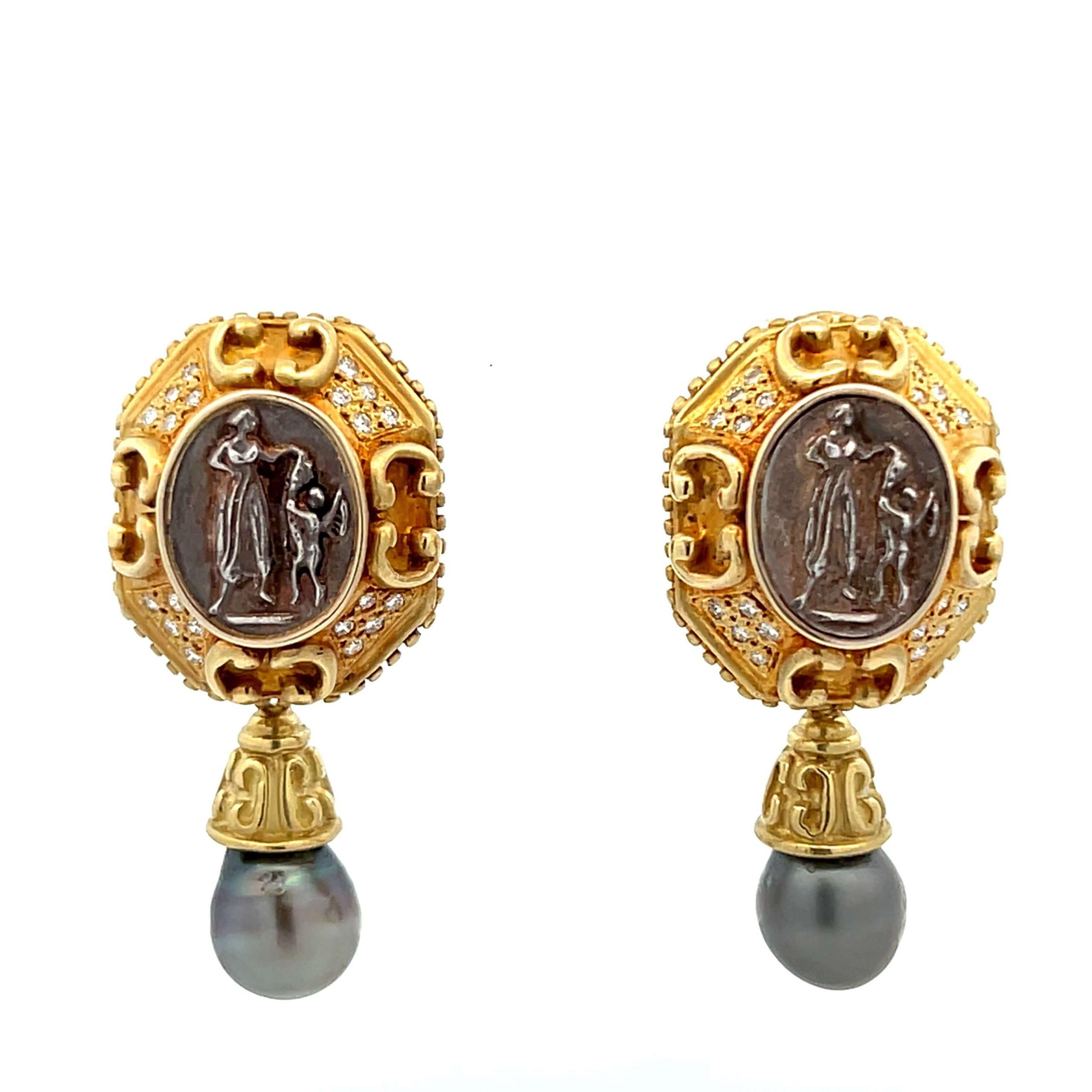 Estate 18K Yellow Gold Diamond & Cultured Pearl Roman Design Earrings