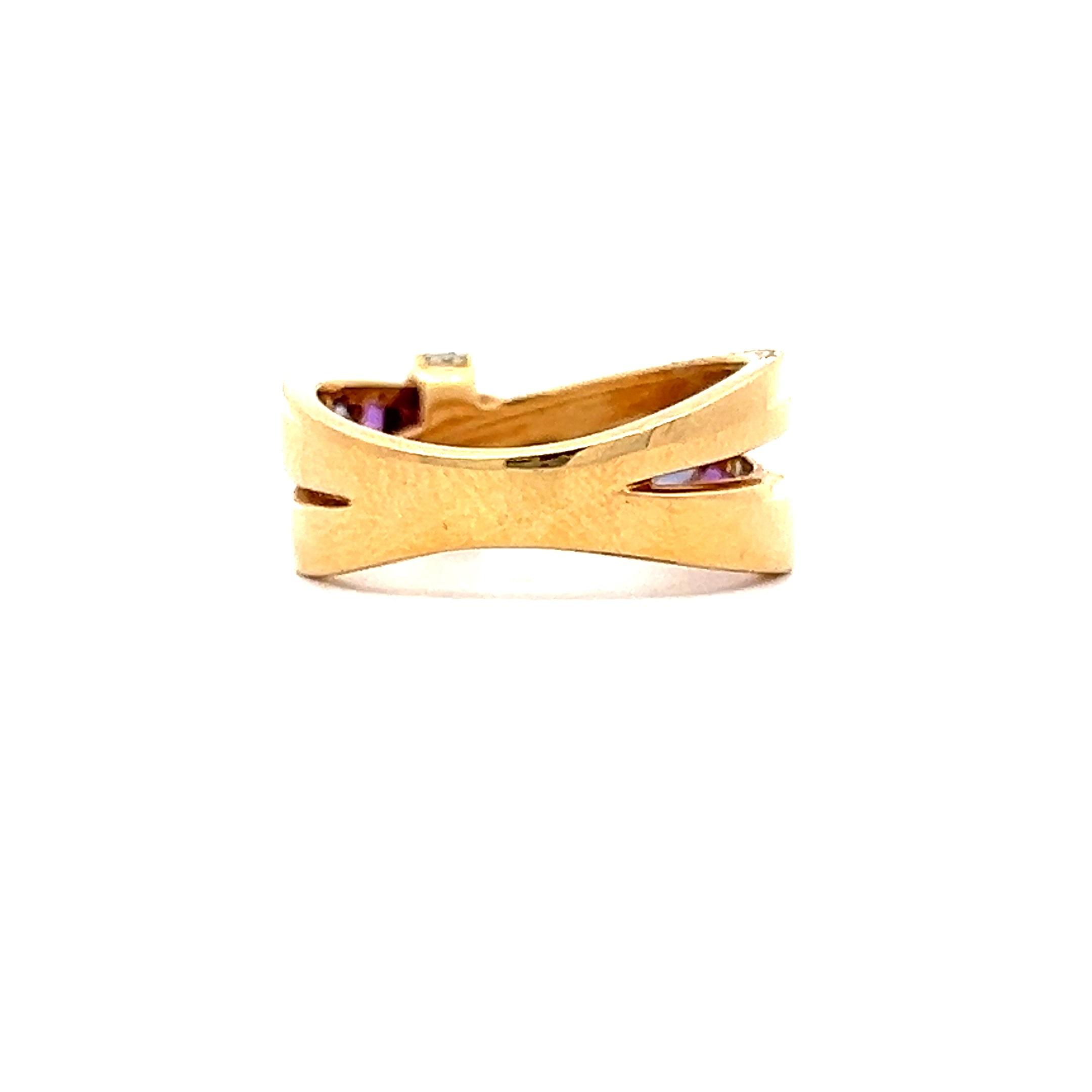 Estate 18K Yellow Gold Multi Gemstone & Diamond Crossover Ring