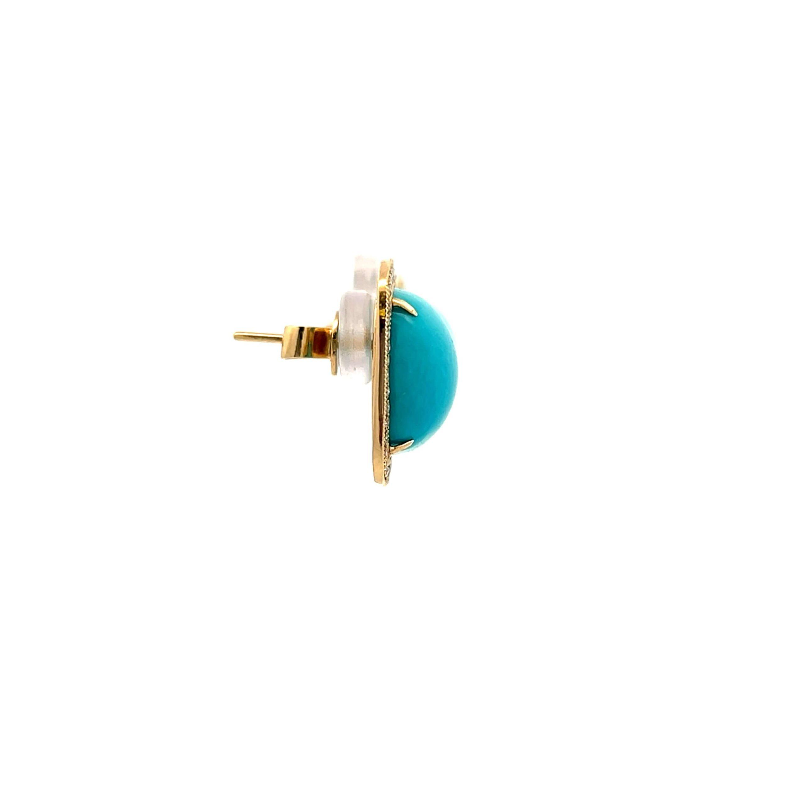 Estate 14K Yellow Gold Cushion Turquoise & Diamond Halo Stud Earrings