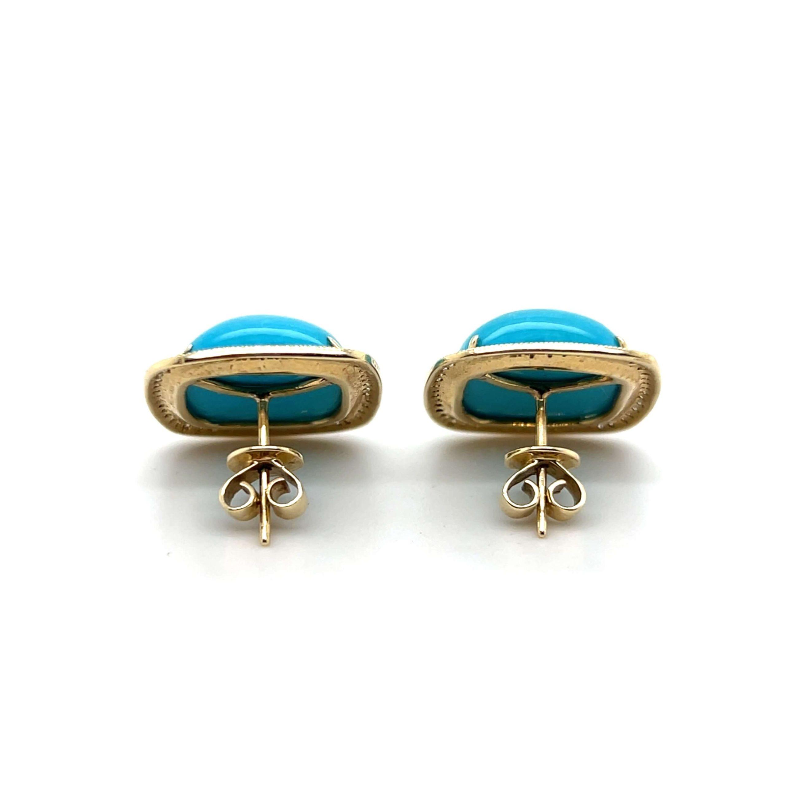 Estate 14K Yellow Gold Cushion Turquoise & Diamond Halo Stud Earrings