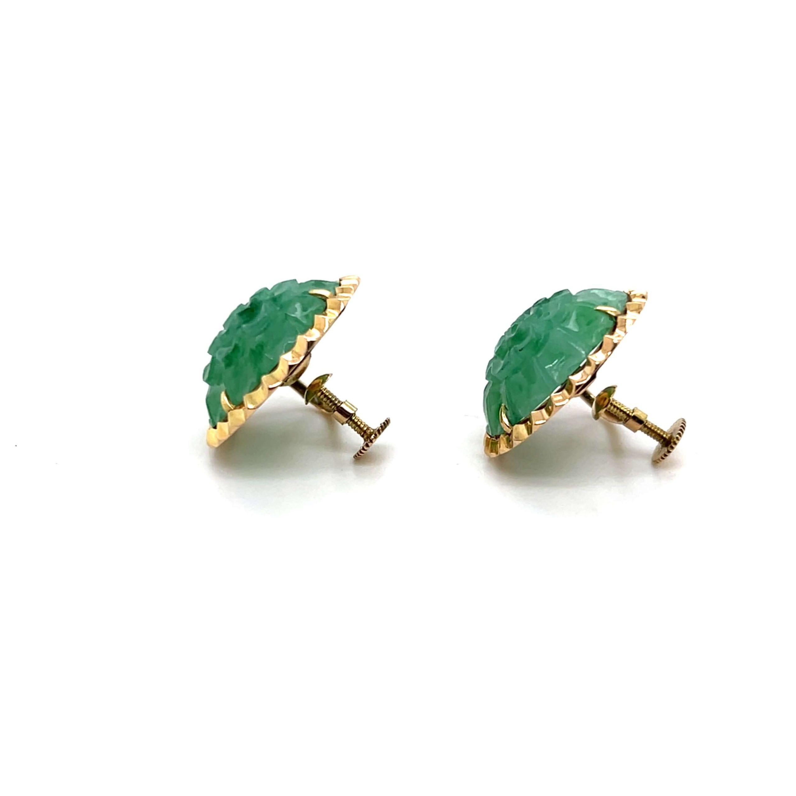 Estate 14K Yellow Gold Carved Jadeite Stud Earrings