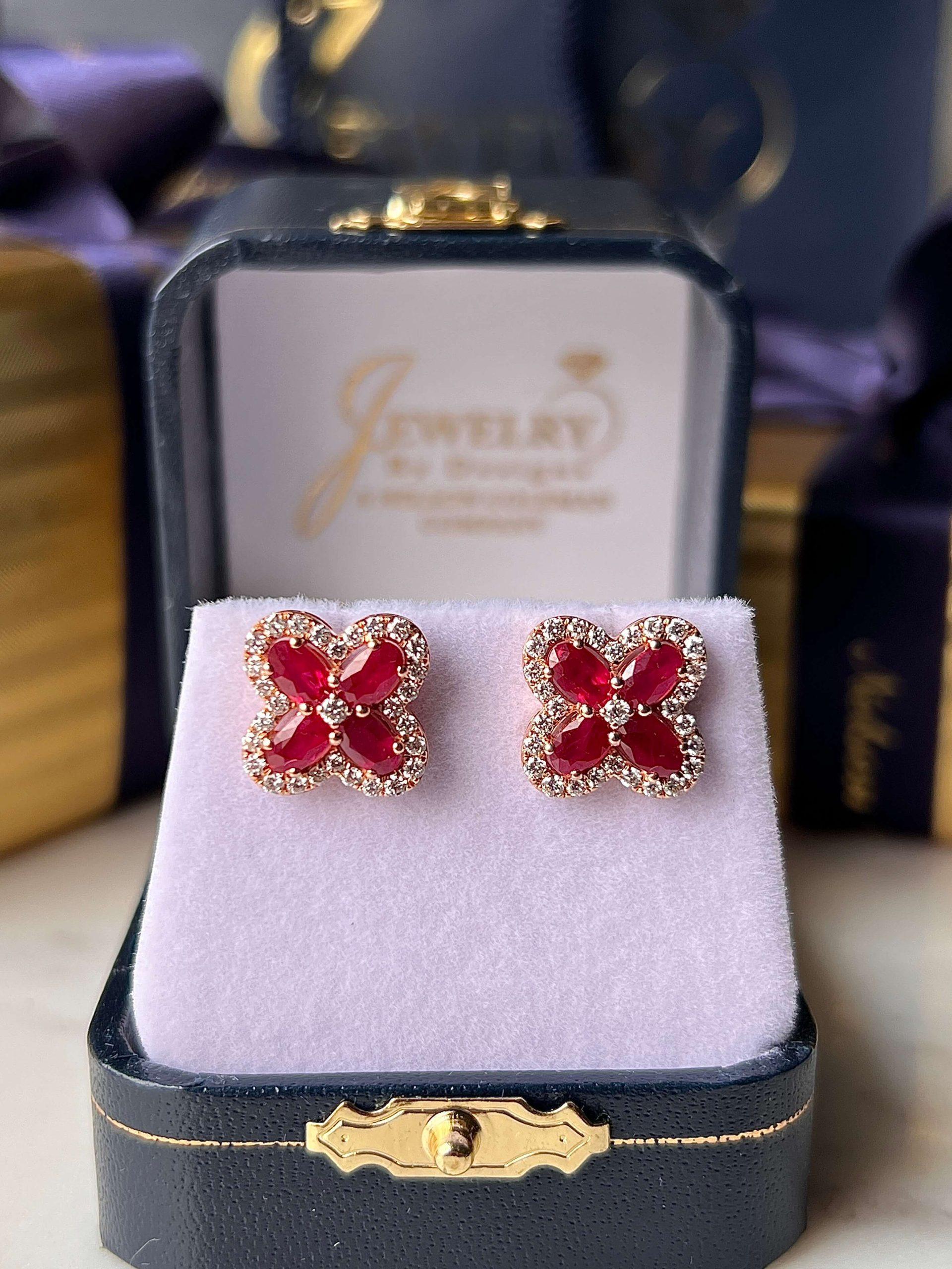 Estate 14K Rose Gold 3.09ctw Ruby & Diamond Floral Stud Earrings