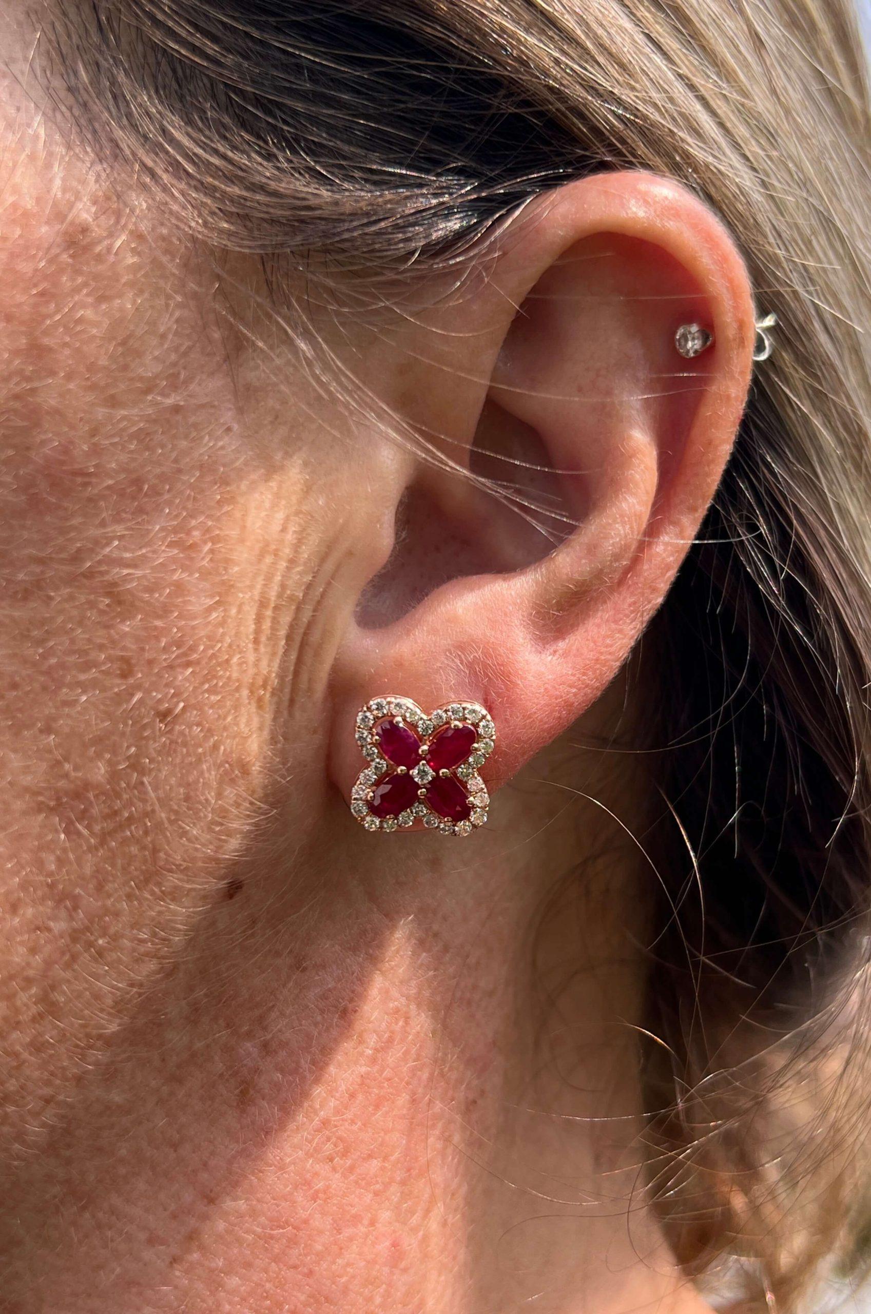Estate 14K Rose Gold 3.09ctw Ruby & Diamond Floral Stud Earrings