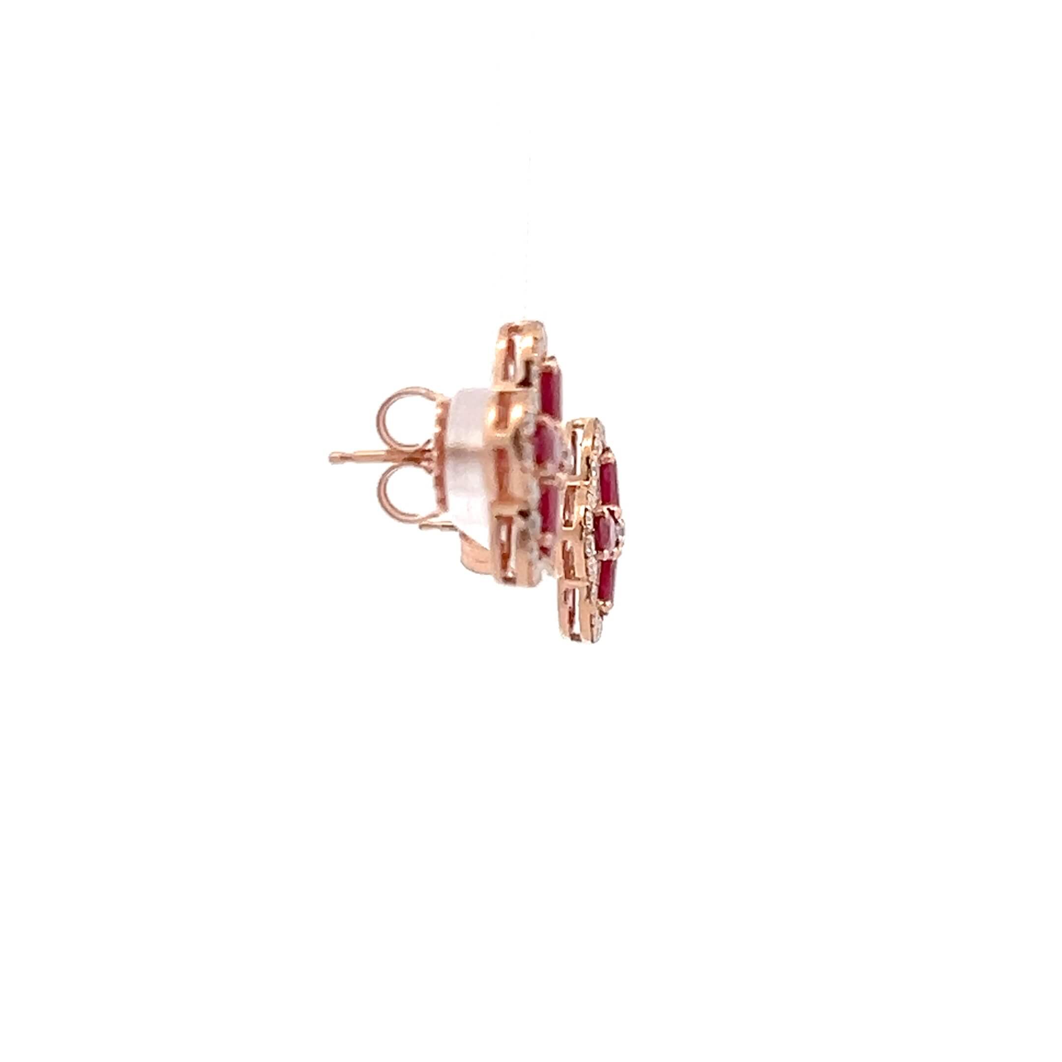 Estate 14K Rose Gold 3.09ctw Ruby & Diamond Floral Stud Earrings
