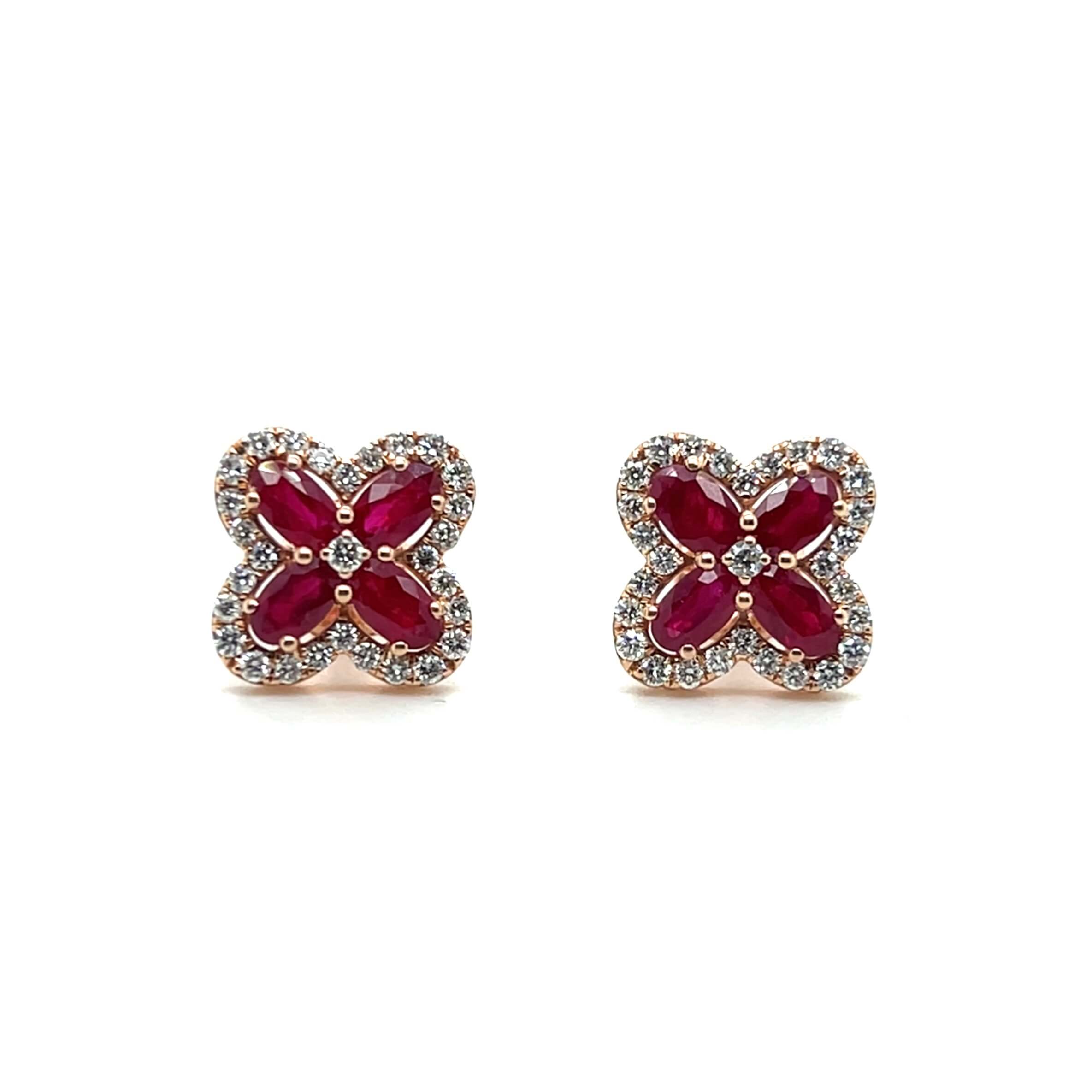 Estate 14K Rose Gold 3.09ctw Ruby & Diamond Floral Stud Earrings