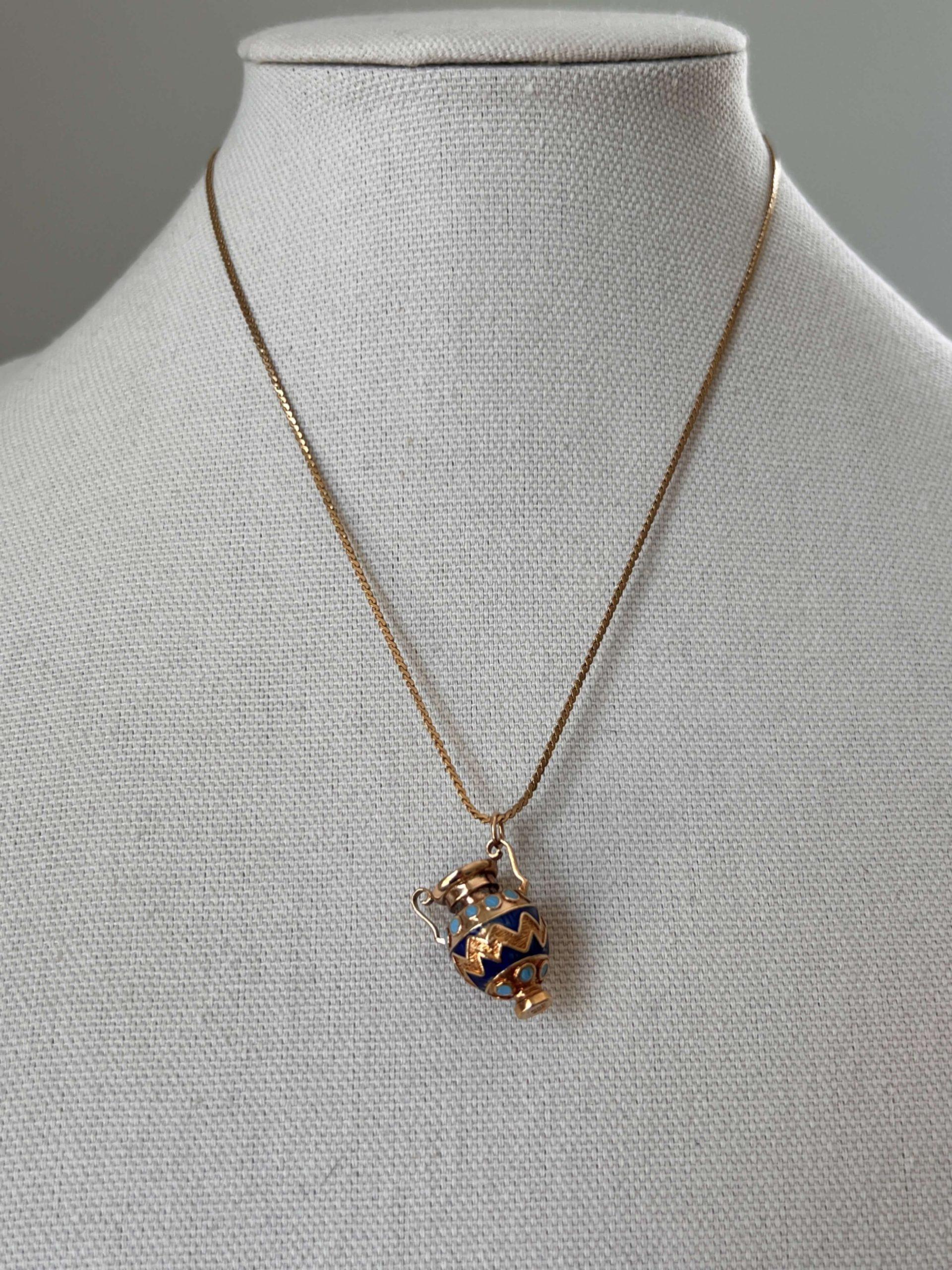 Estate 18K Yellow Gold Enamel Vase Pendant