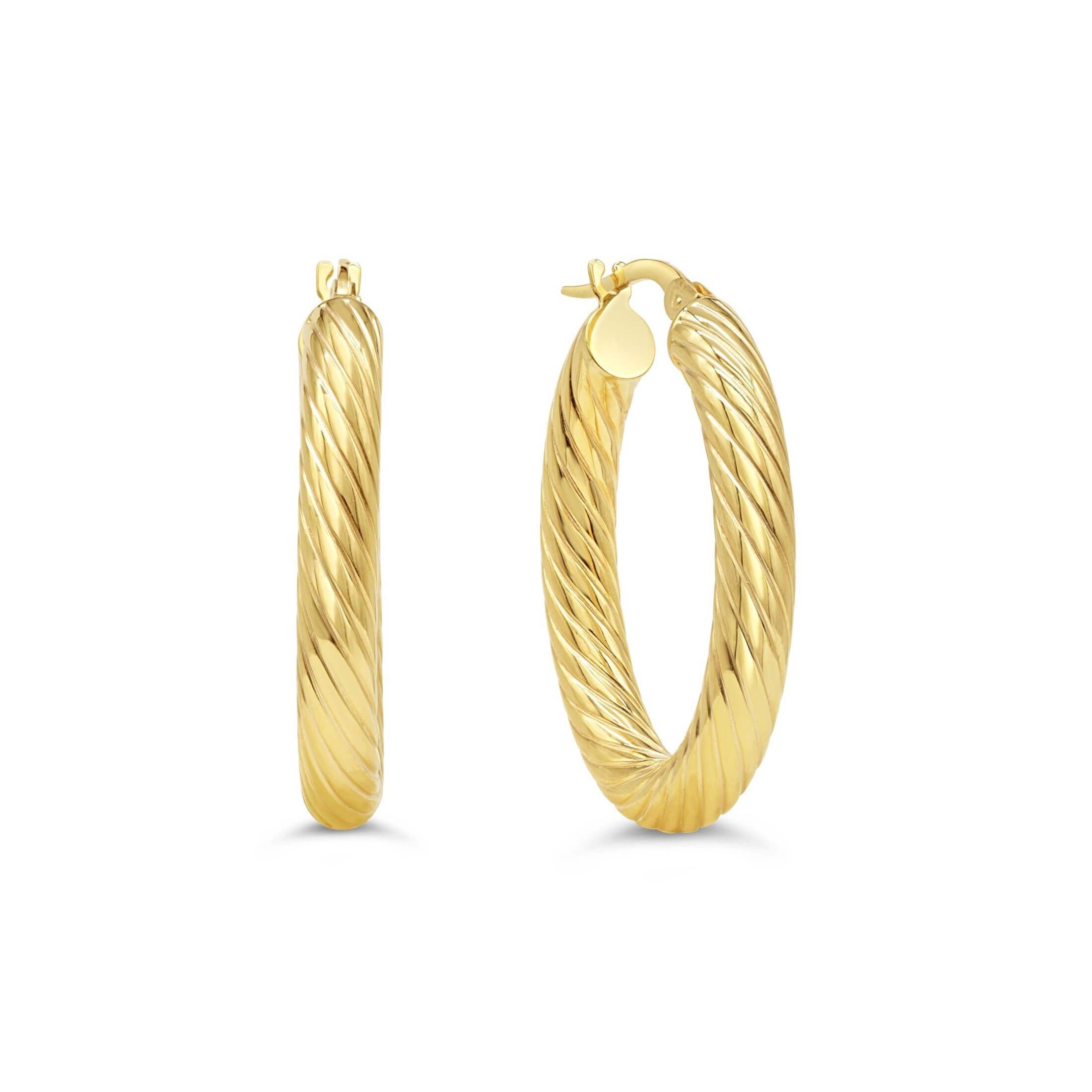 10K Yellow Gold Ribbed Twist Hoop Earrings