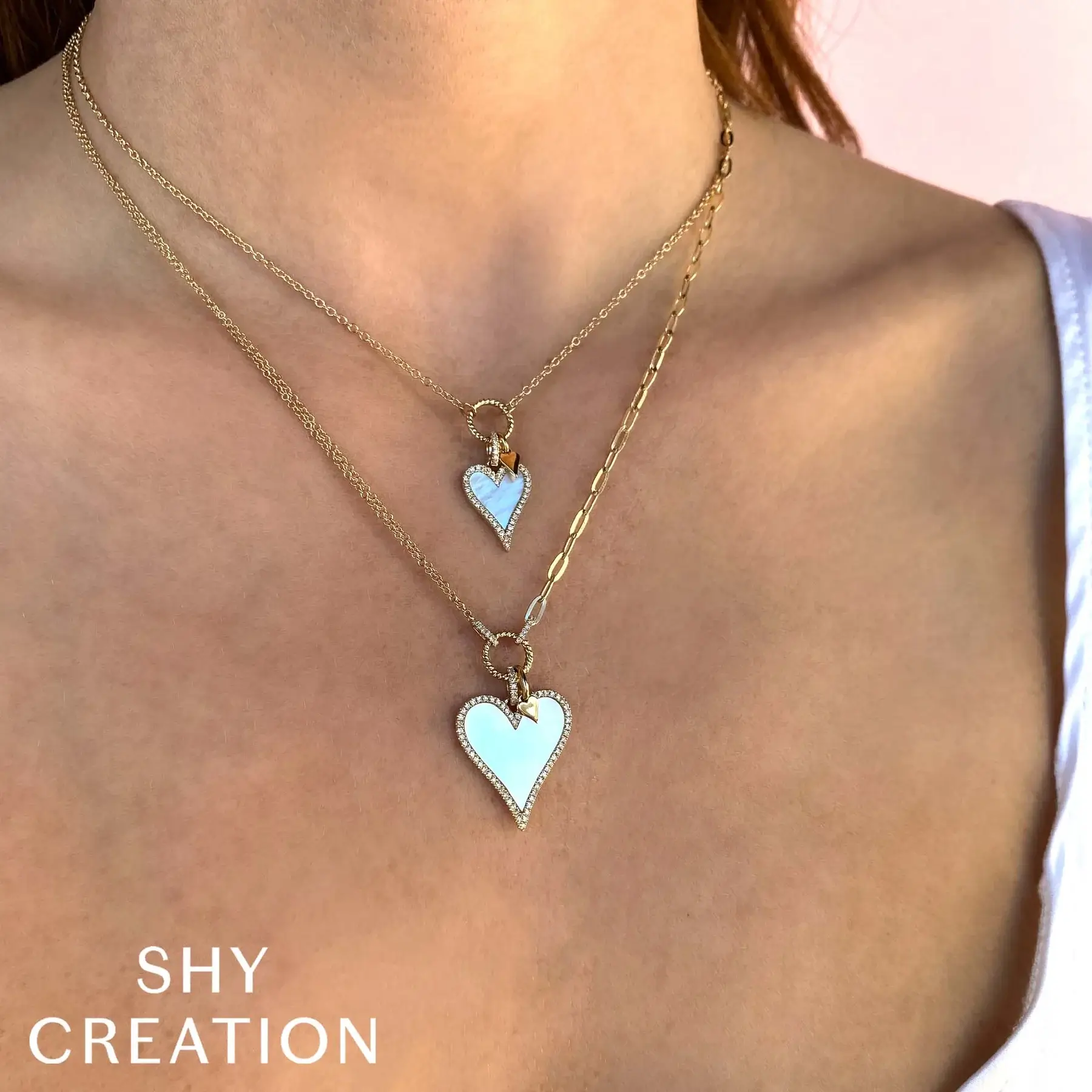 14K Yellow Gold 0.20ctw Diamond & Mother of Pearl Heart Necklace by Shy Creation