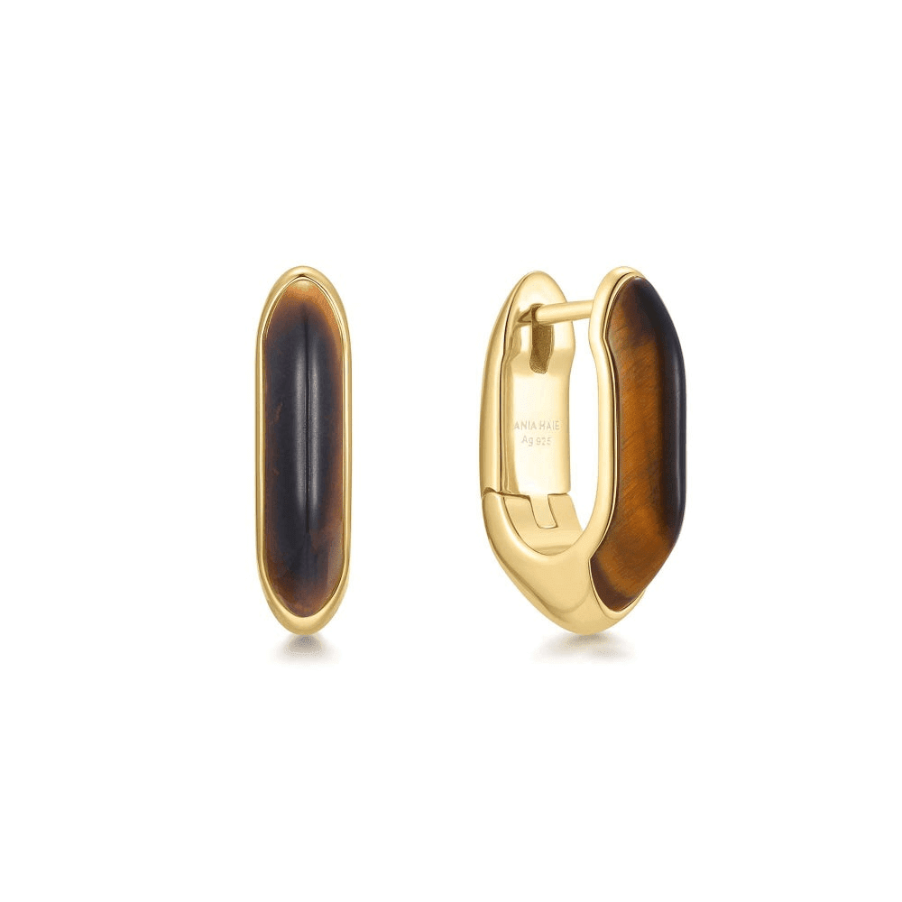 14K Gold Plated Tiger Eye Huggie Hoop Earrings by Ania Haie