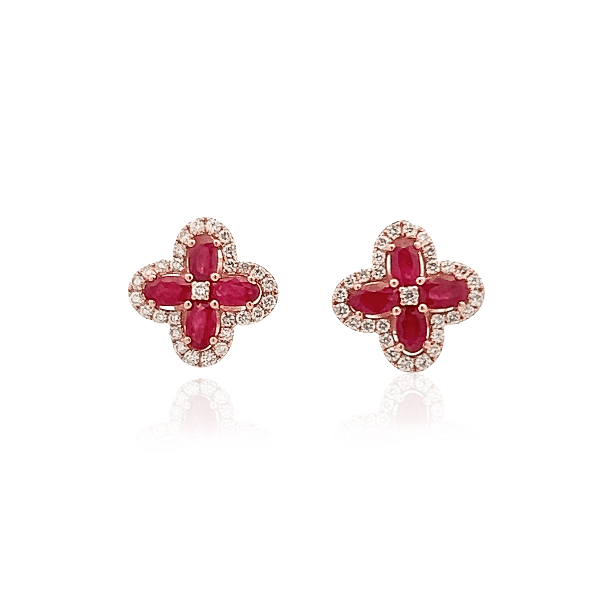 Estate 14K Rose Gold 3.09ctw Ruby & Diamond Floral Stud Earrings