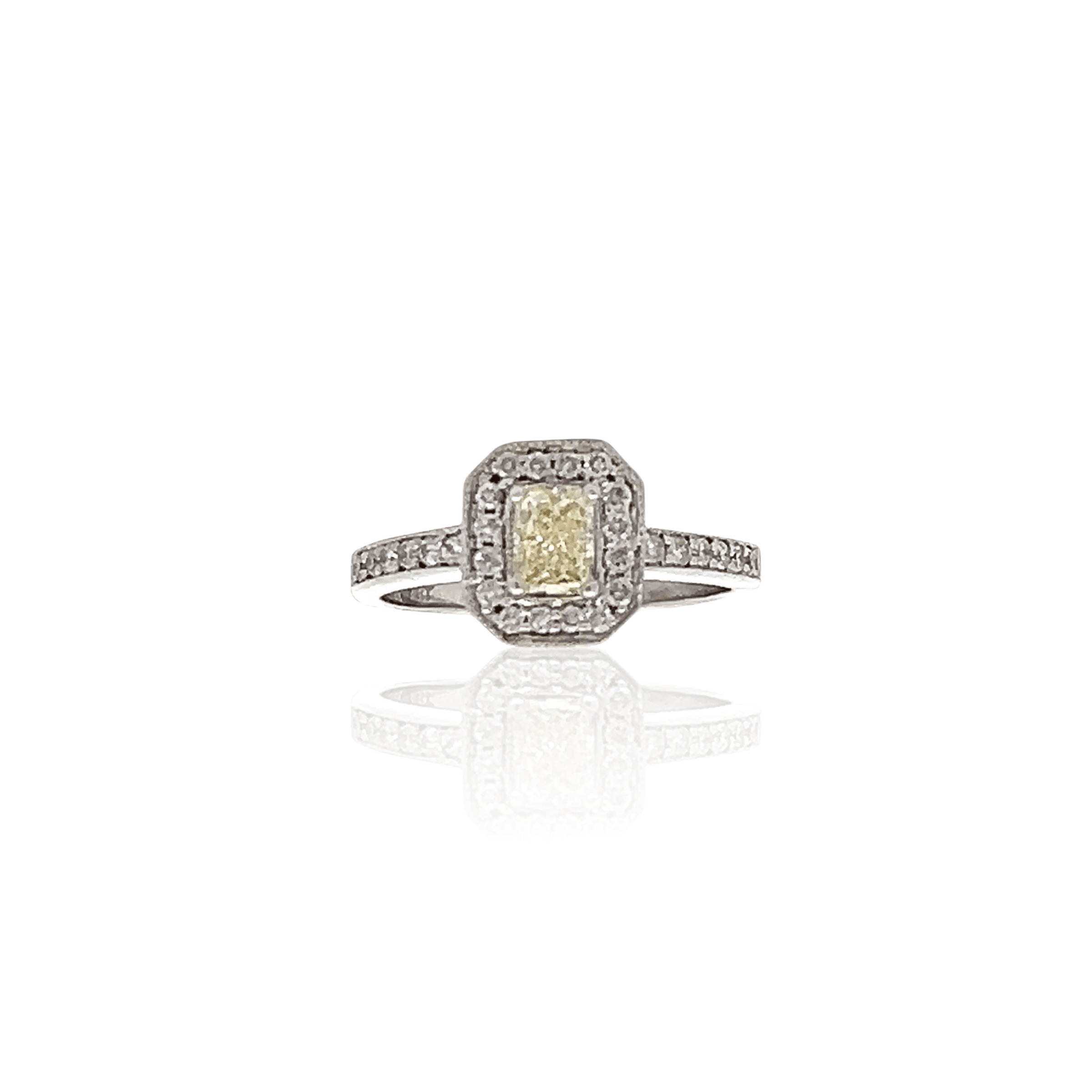Estate 14K White Gold Radiant-Cut Yellow Diamond & White Diamond Halo Engagement Ring