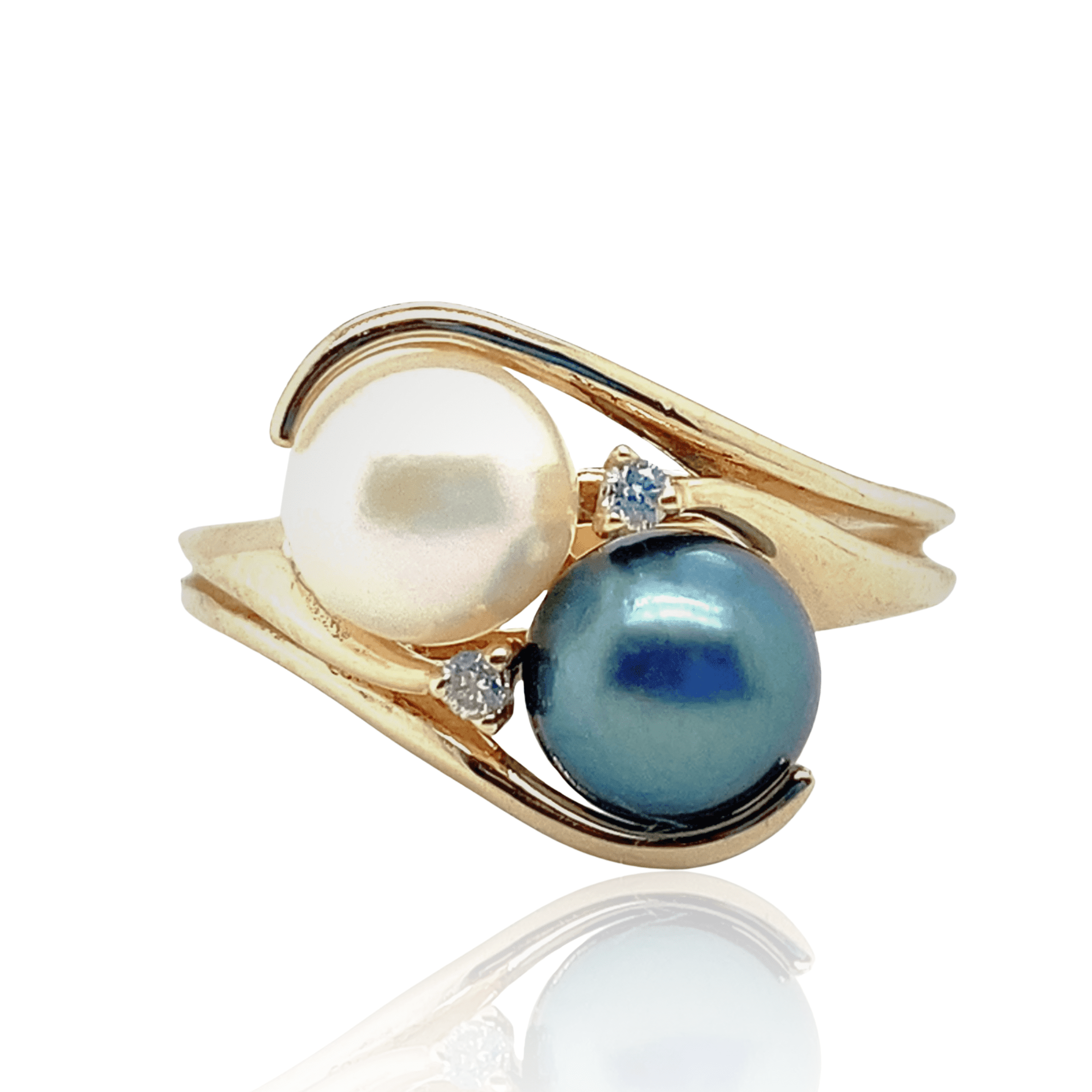 Estate 14K Yellow Gold Black & White Pearl Bypass Ring with Diamond Accents