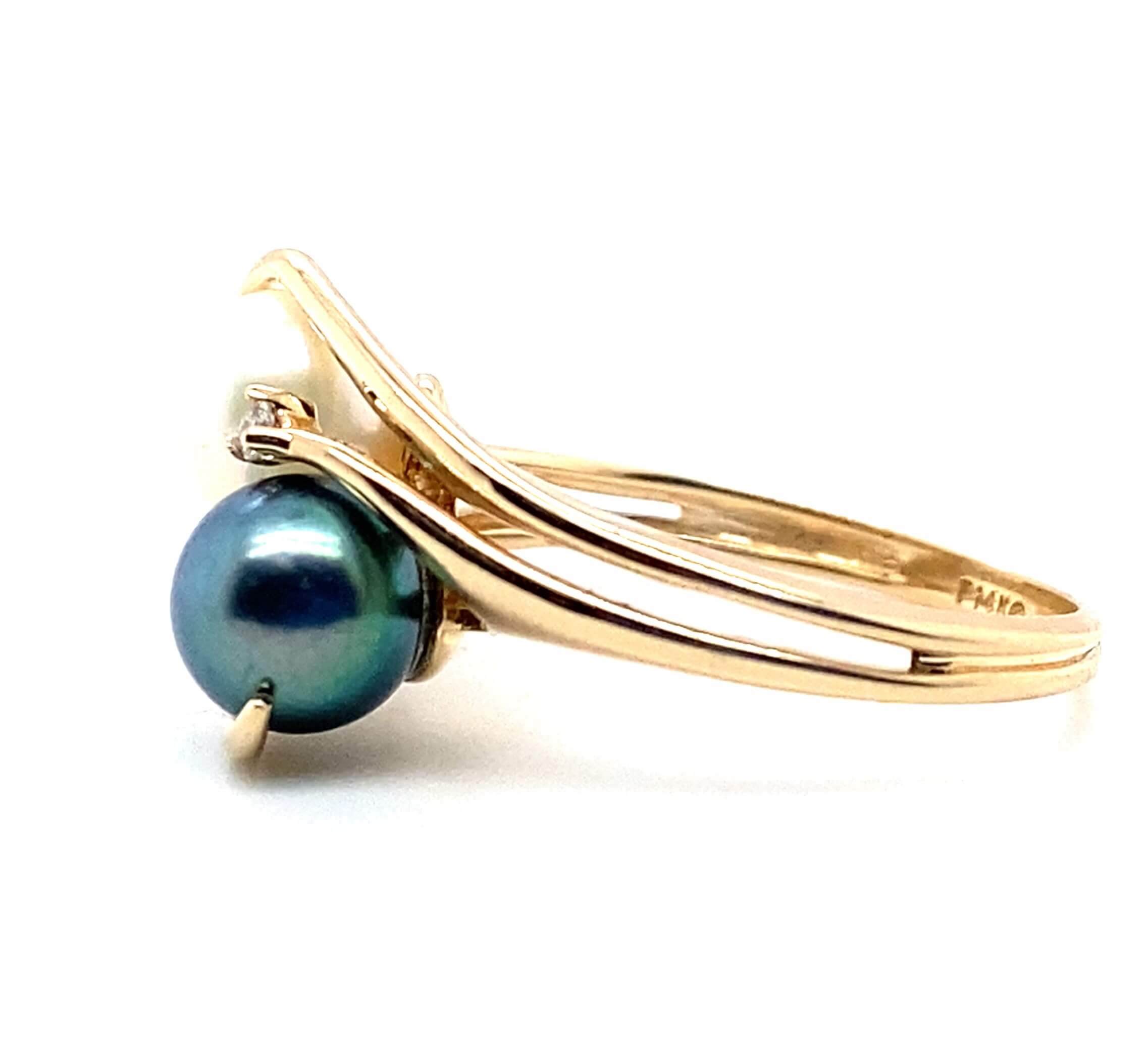 Estate 14K Yellow Gold Black & White Pearl Bypass Ring with Diamond Accents