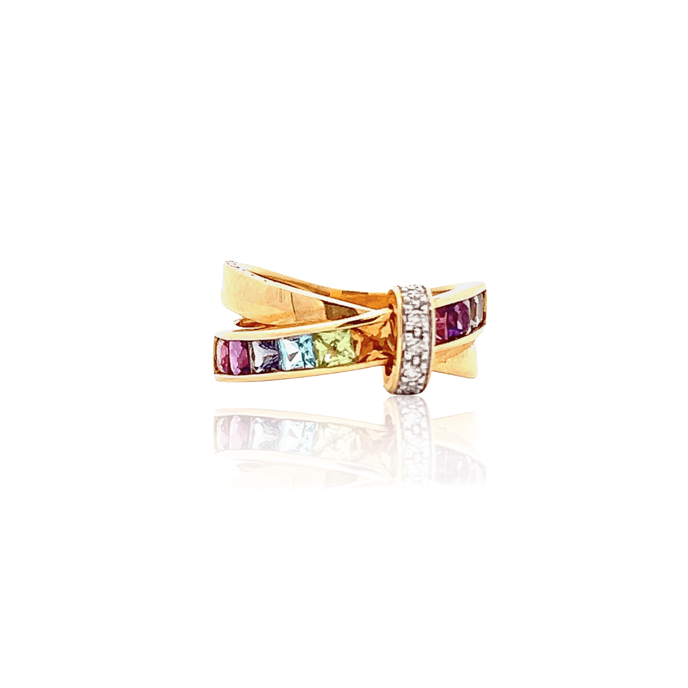 Estate 18K Yellow Gold Multi Gemstone & Diamond Crossover Ring