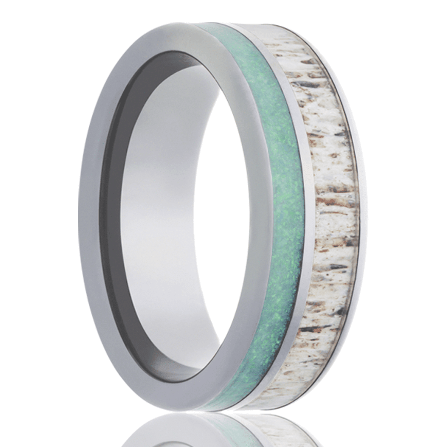 A men's cobalt wedding band with antler and opal inlay