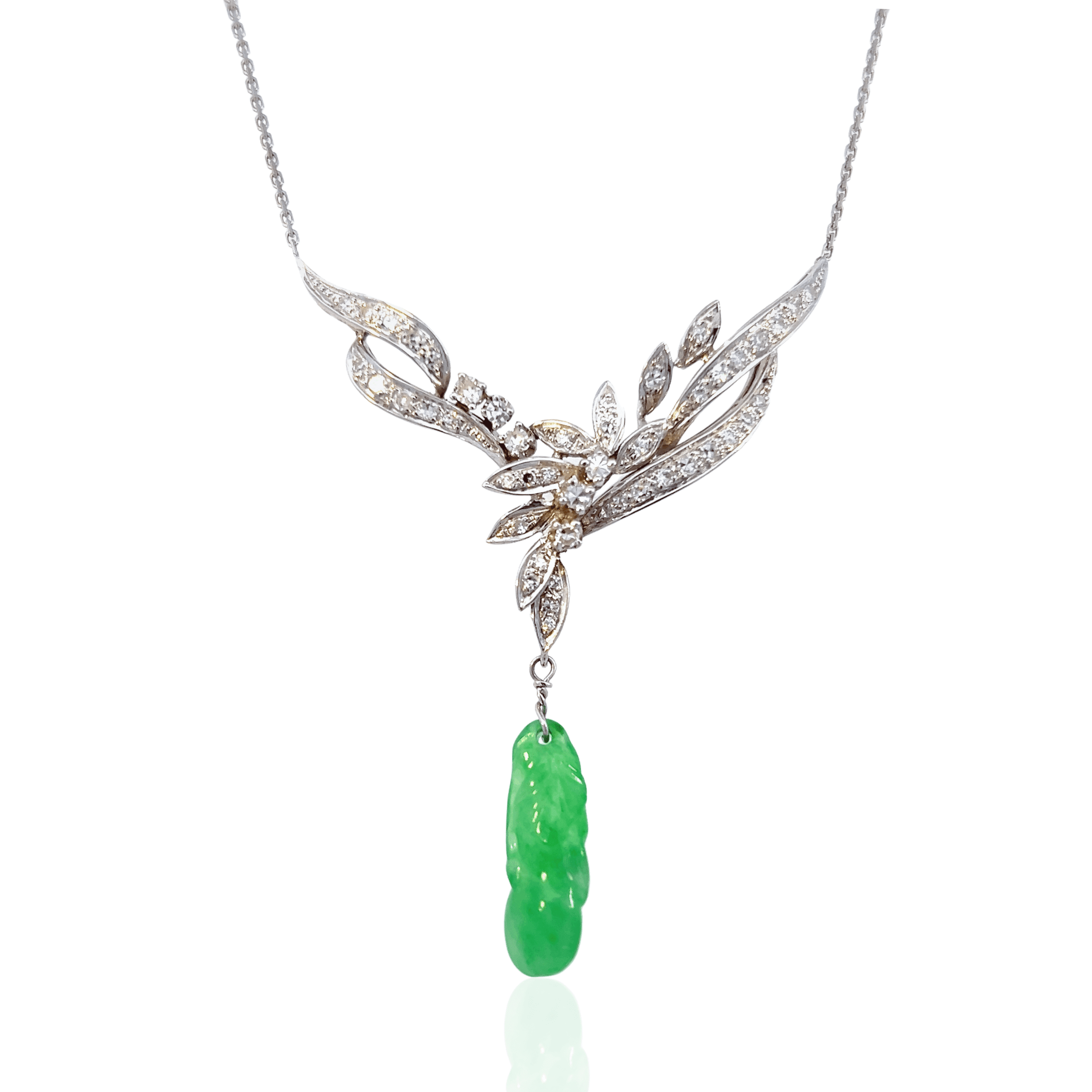 Estate 14K White Gold Carved Jadeite & Diamond Necklace