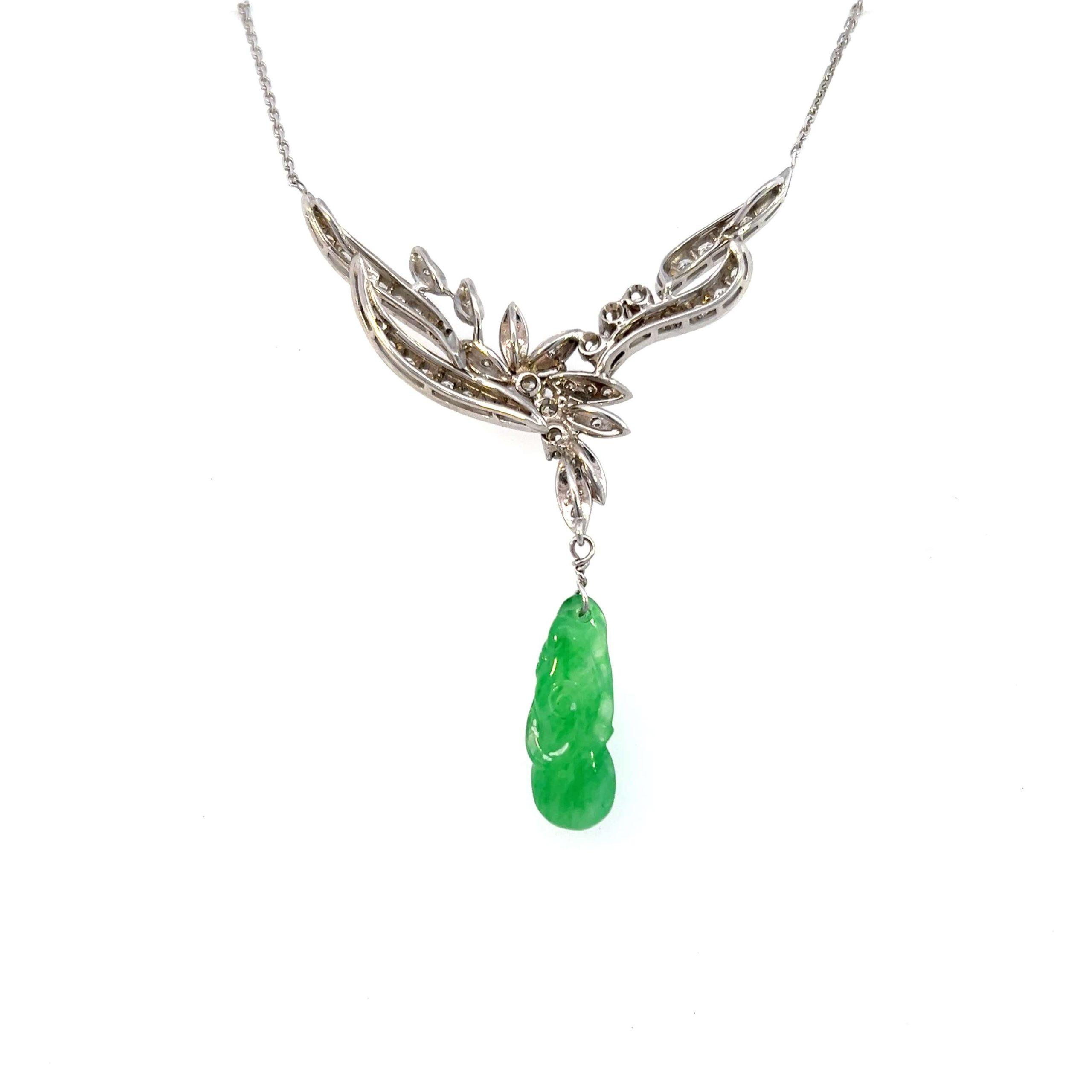 Estate 14K White Gold Carved Jadeite & Diamond Necklace