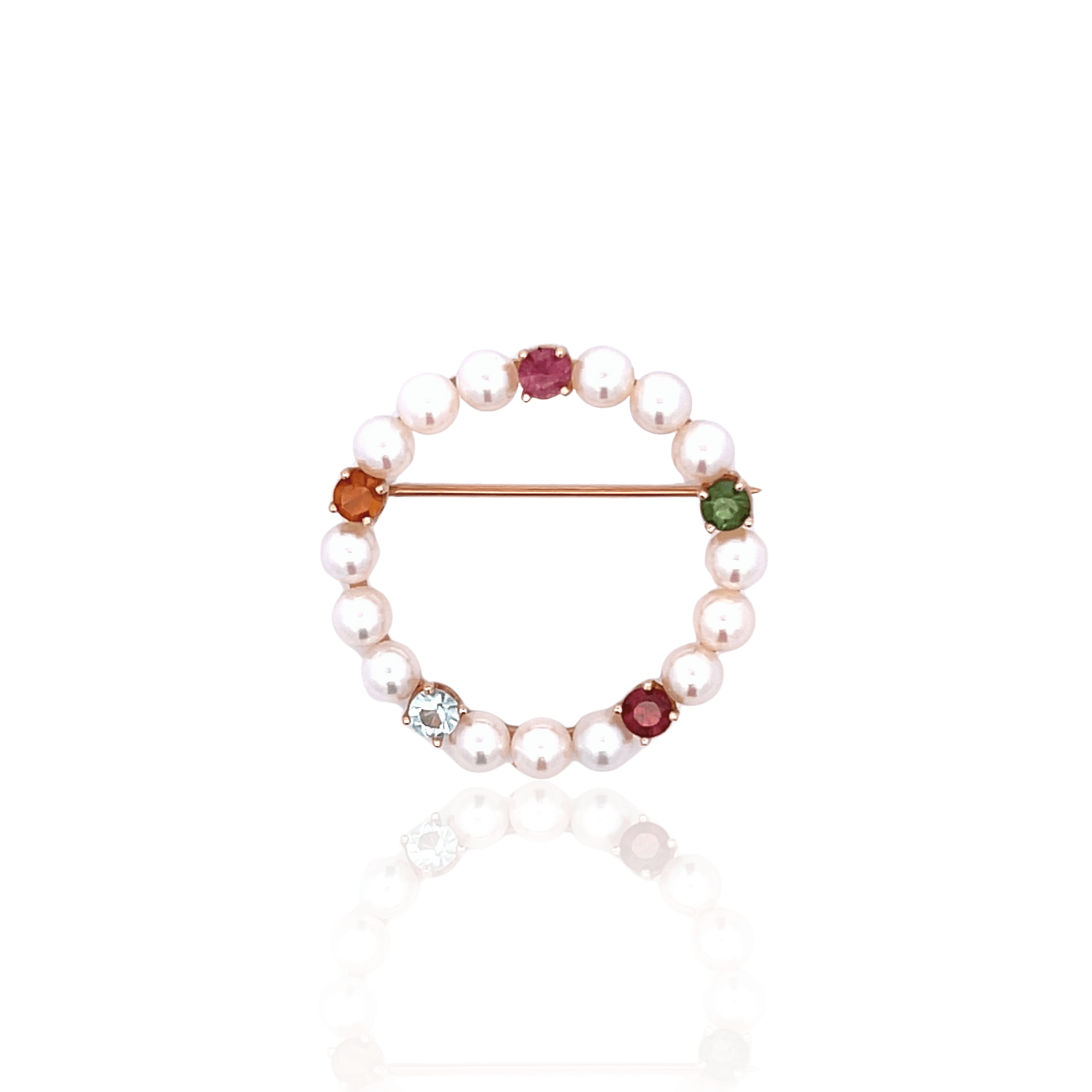 Estate 14K Yellow Gold Pearl & Multi-Gemstone Circle Brooch