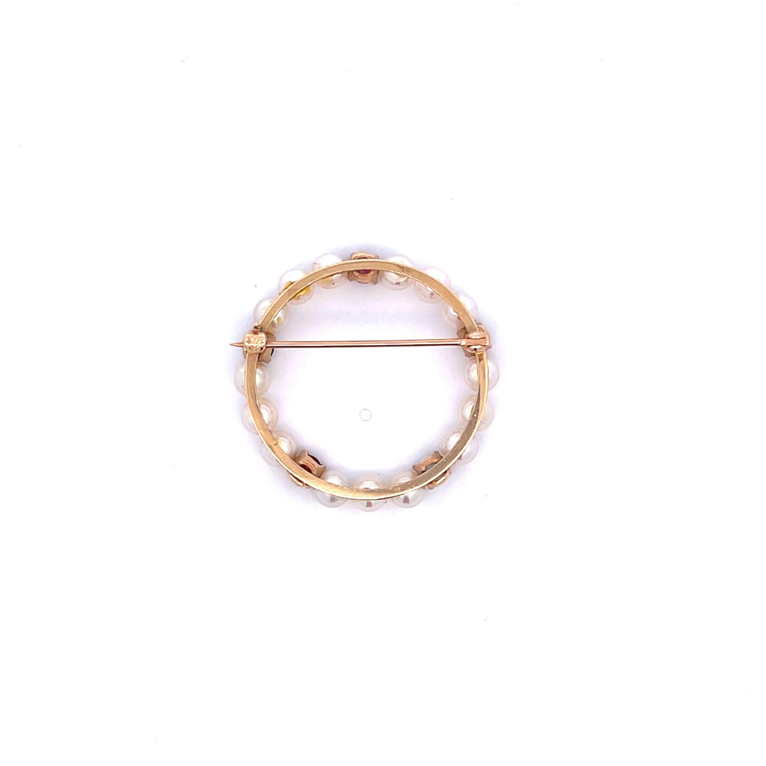 Estate 14K Yellow Gold Pearl & Multi-Gemstone Circle Brooch