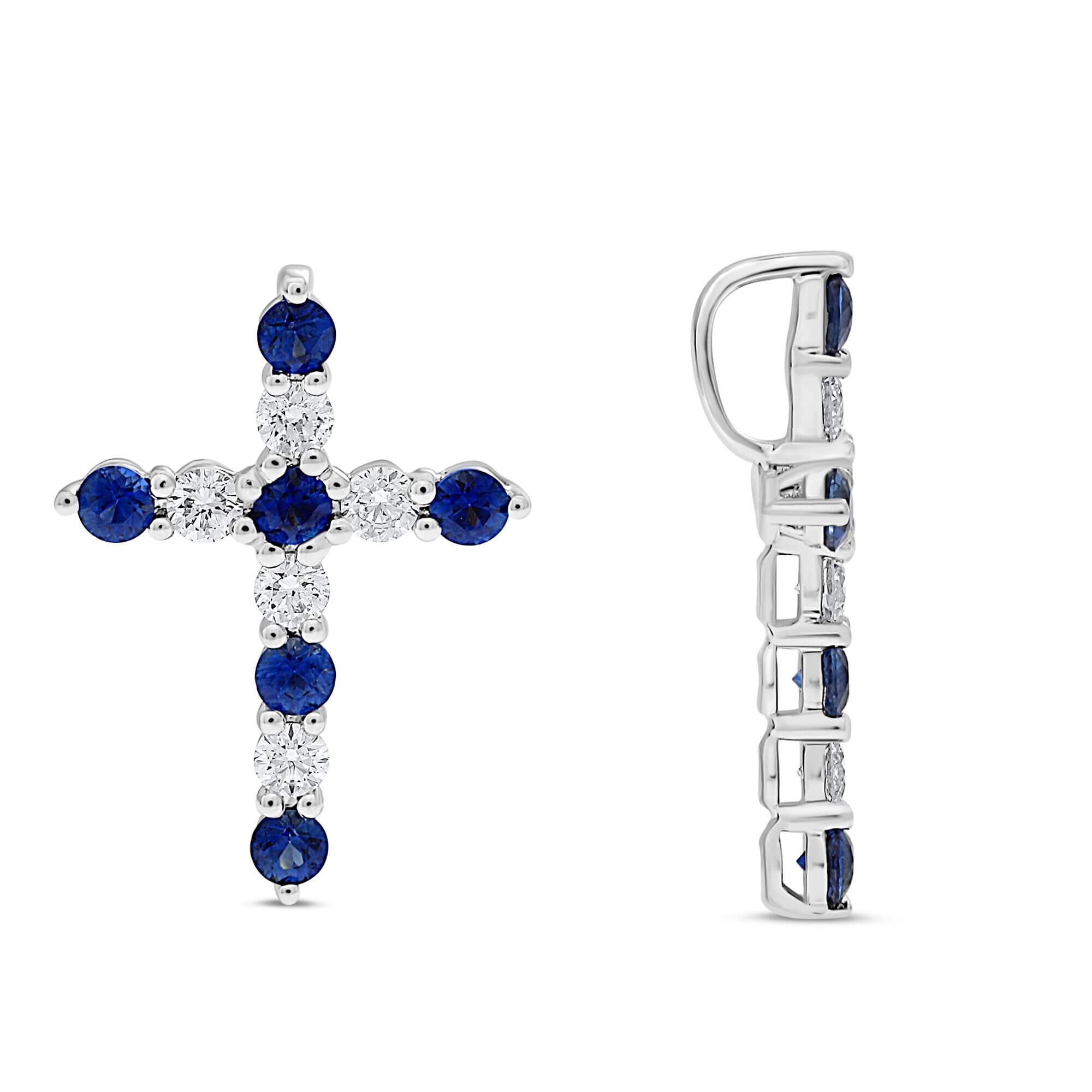 14K White Gold 0.48CTW Blue Sapphire & Diamond Cross Pendant