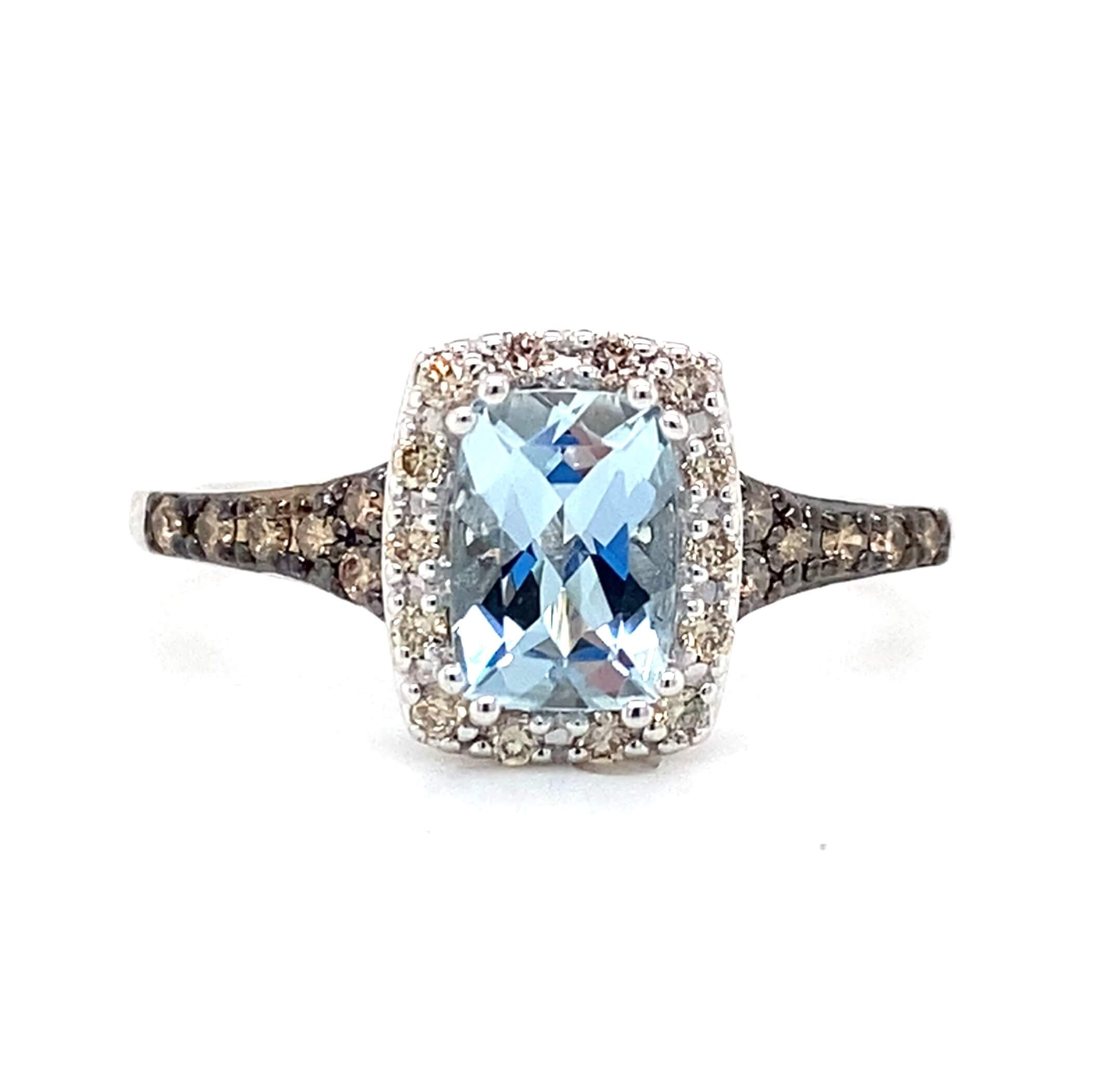 14K White Gold 0.99CTW Cushion Aquamarine & Diamond Halo Ring by Le Vian