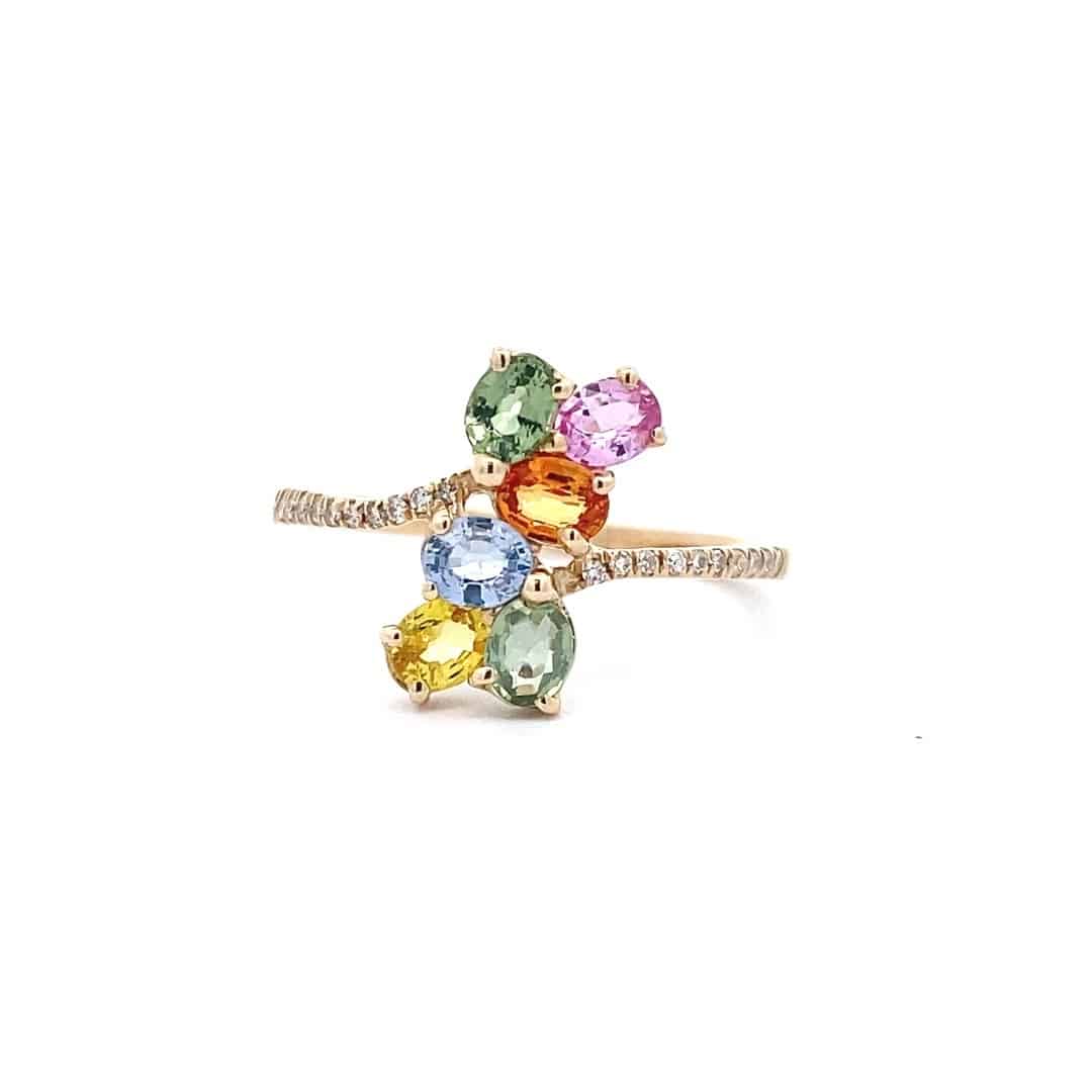 Multi-Color Sapphire and Diamond Bypass Ring in 14k Yellow Gold by Lali